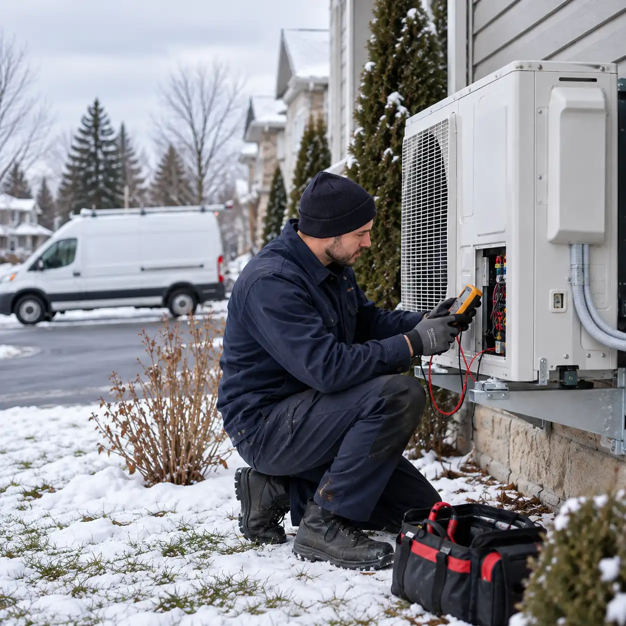 Technicien réparant une thermopompe murale givrée devant une maison de Gatineau en hiver