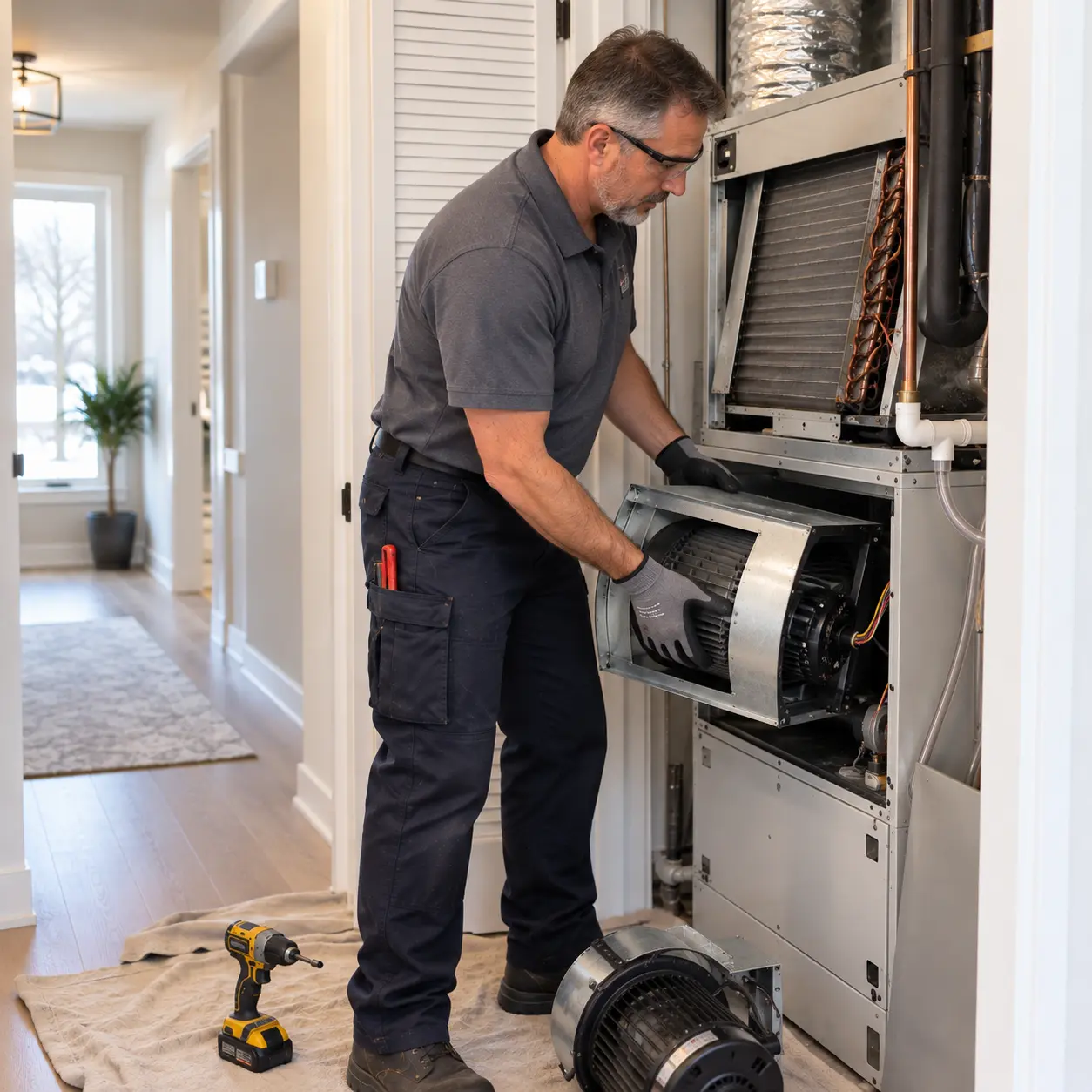 Technicienne réparant le ventilateur d'un ventilo-convecteur (air handler) à Gatineau