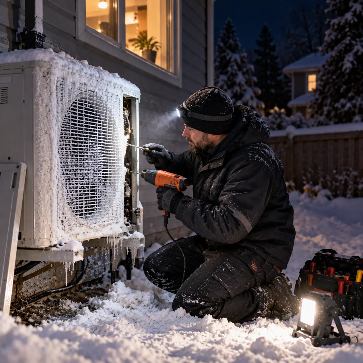 Technicien dégivrant l'unité extérieure d'une thermopompe la nuit en hiver à Gatineau