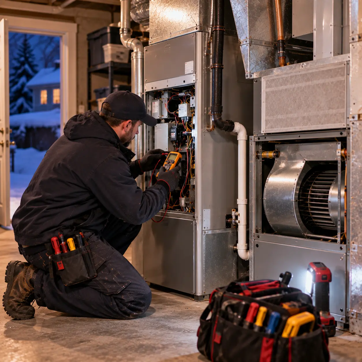 Technicien remplaçant le séquenceur d'une fournaise électrique en soirée à Gatineau